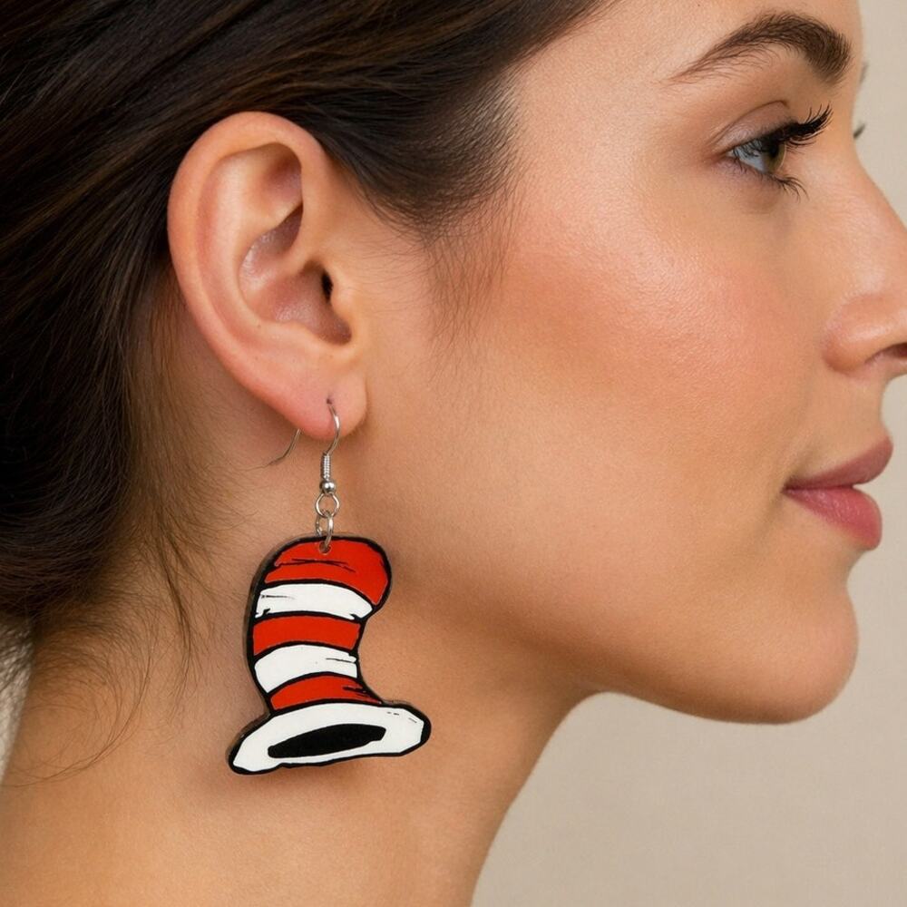 Handcrafted Artisan Whimsical Cat In The Hat Resin Earrings